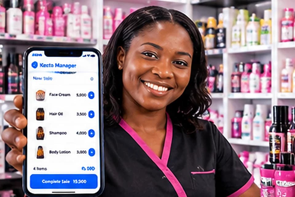 Beauty shop owner showing Kozta Manager among cosmetic products
