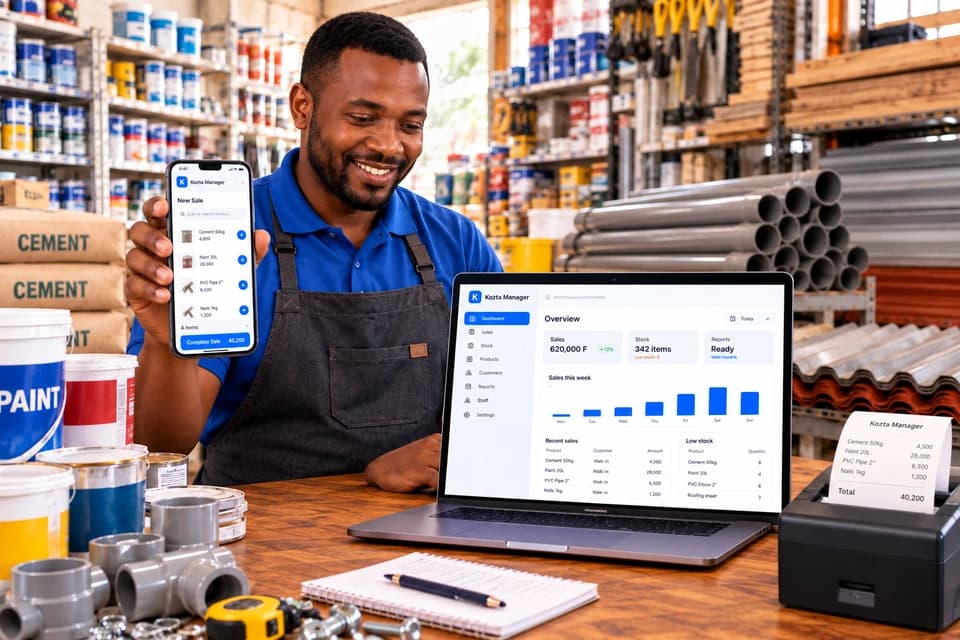 Building-materials shop owner holding Kozta Manager on a phone