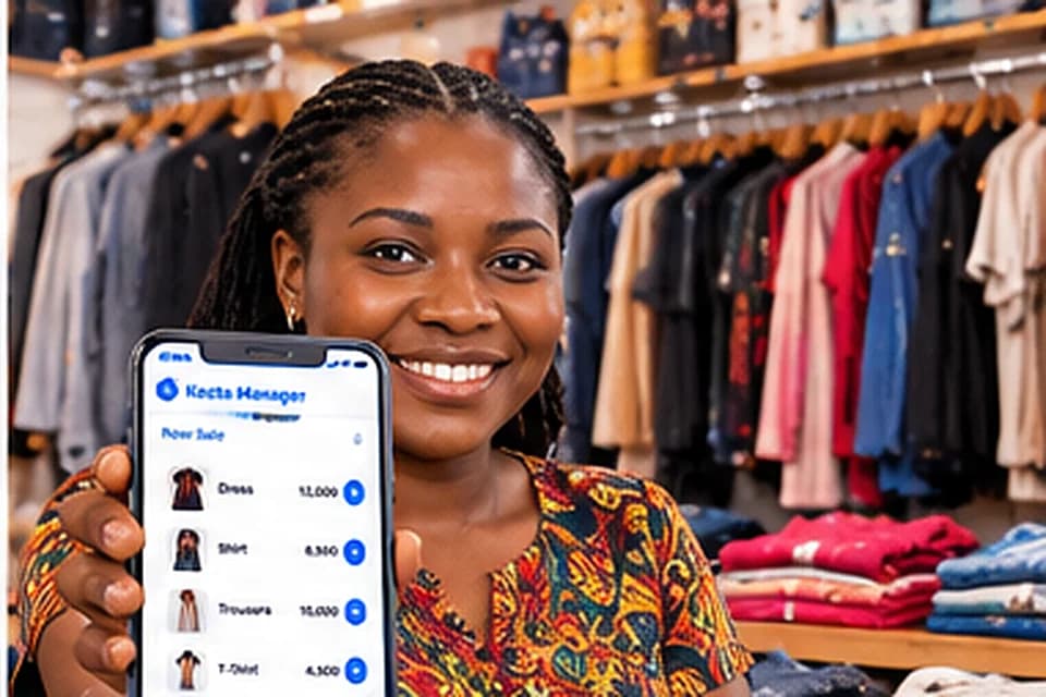 Clothing boutique owner presenting Kozta Manager on a phone