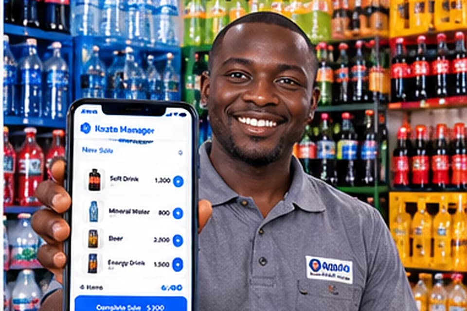 Beverage depot shopkeeper displaying Kozta Manager on smartphone