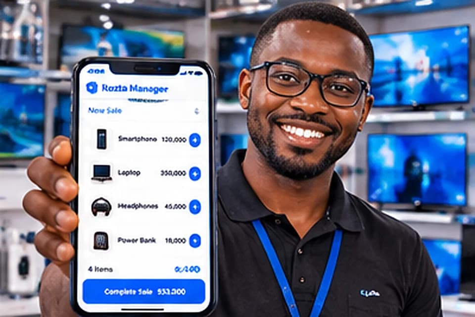 Electronics shop manager holding a Kozta Manager phone near laptops and televisions