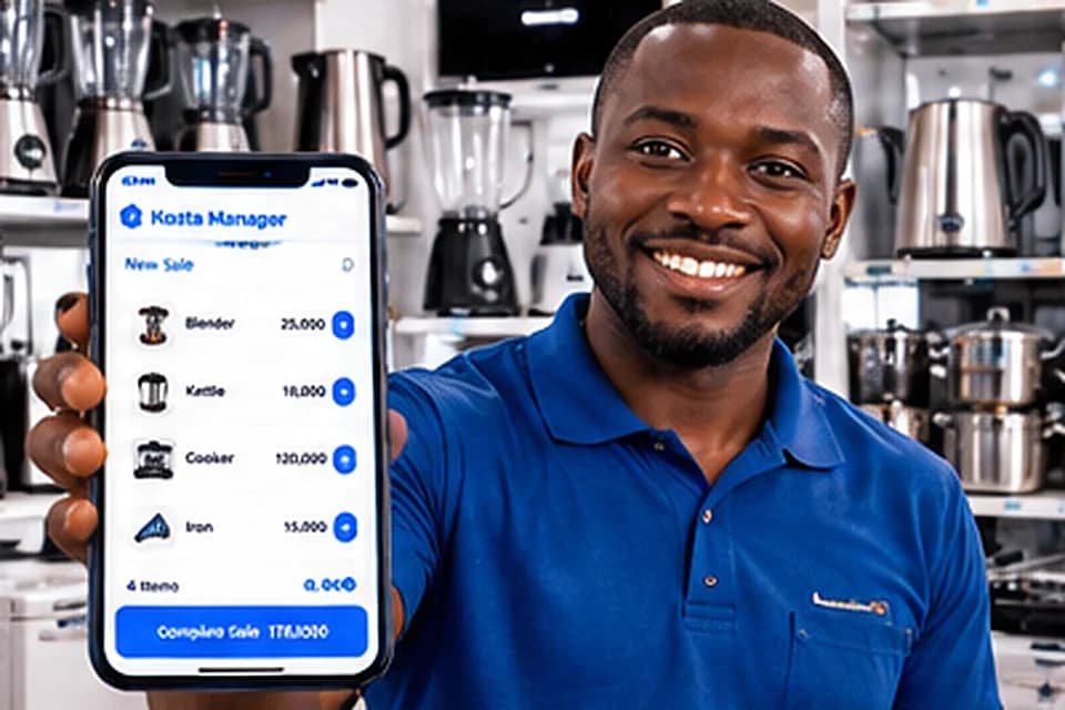 Household equipment store worker holding Kozta Manager phone