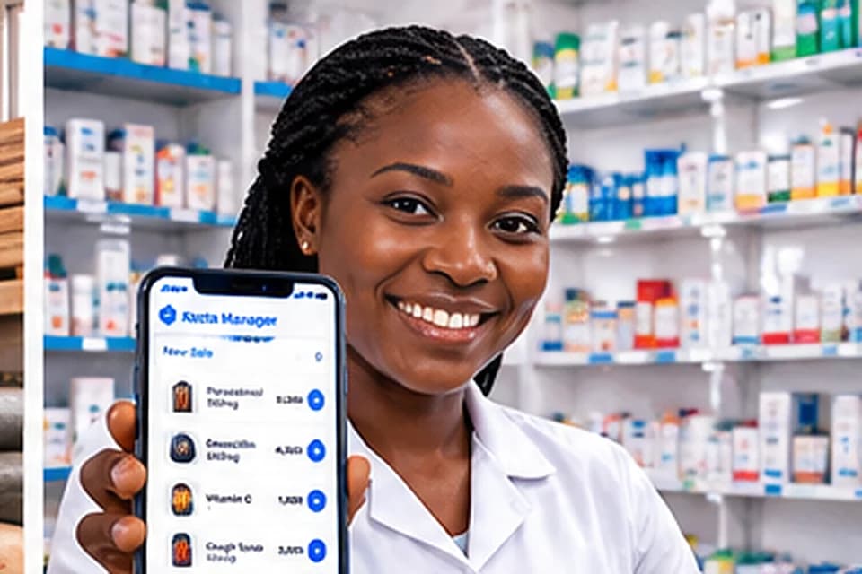 Pharmacy professional holding a smartphone with Kozta Manager inside a pharmacy