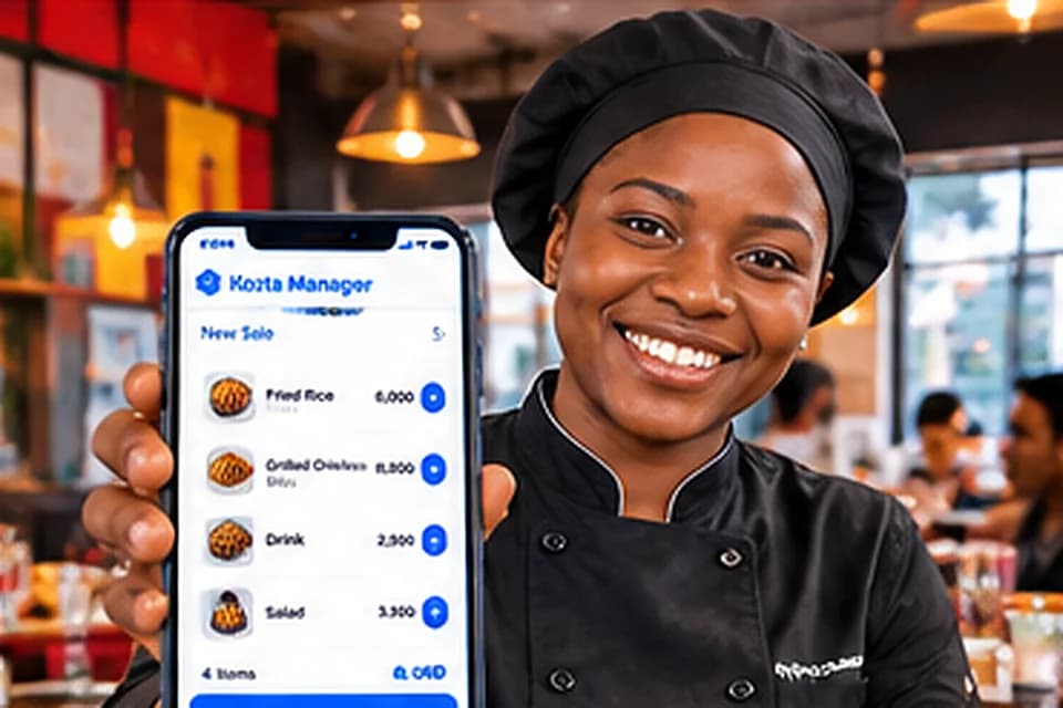 Restaurant owner showing Kozta Manager phone beside prepared meals
