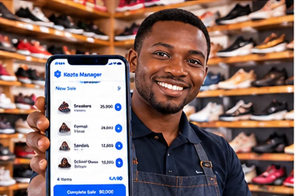 Shoe store owner holding Kozta Manager phone inside a shoe store