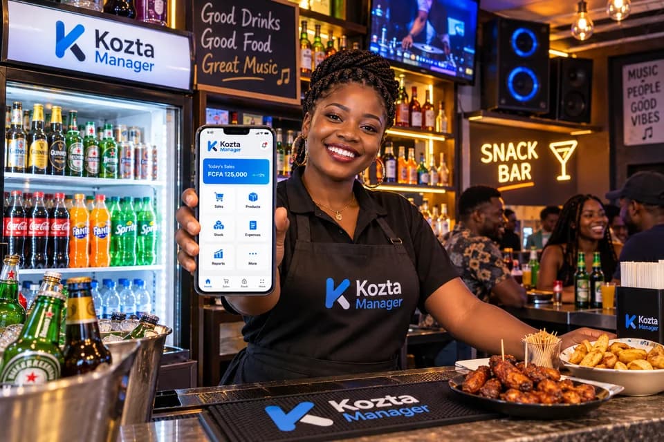 Snack bar worker presenting Kozta Manager on a phone at the counter