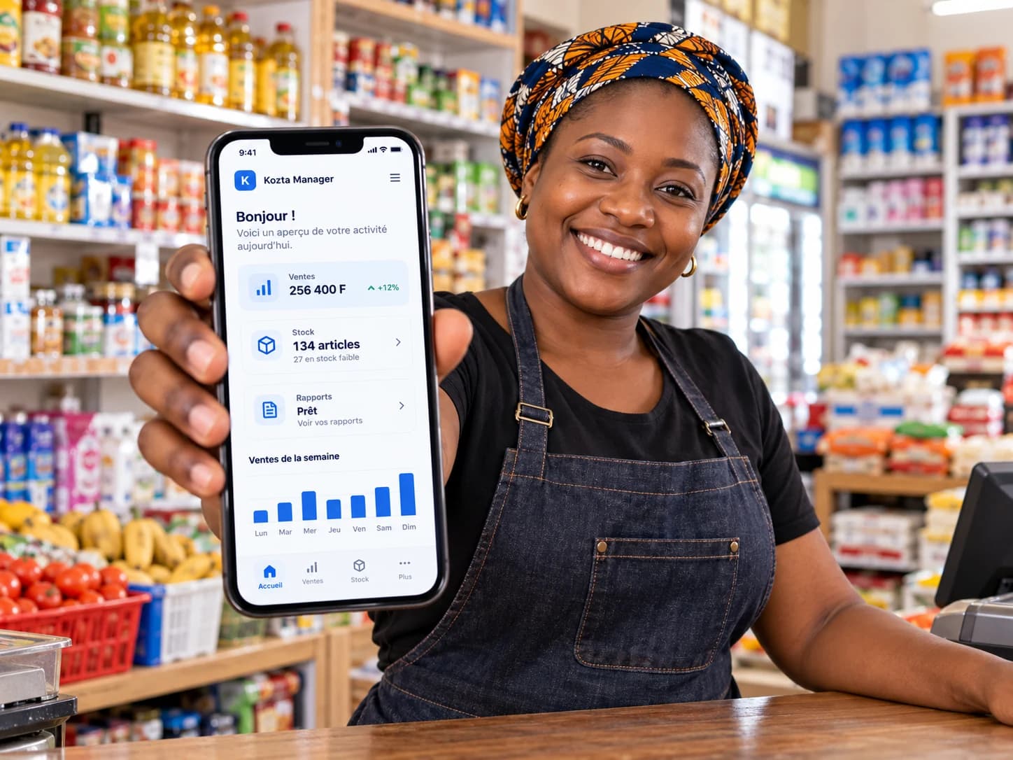 African supermarket owner showing Kozta Manager on a smartphone inside her shop